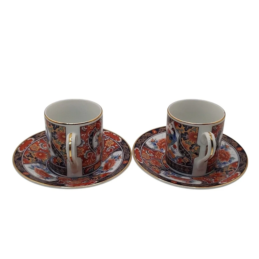 Vintage Japanese Imari Arita Demitasse‎ Cups Saucers Peacock Handmade Four Piece